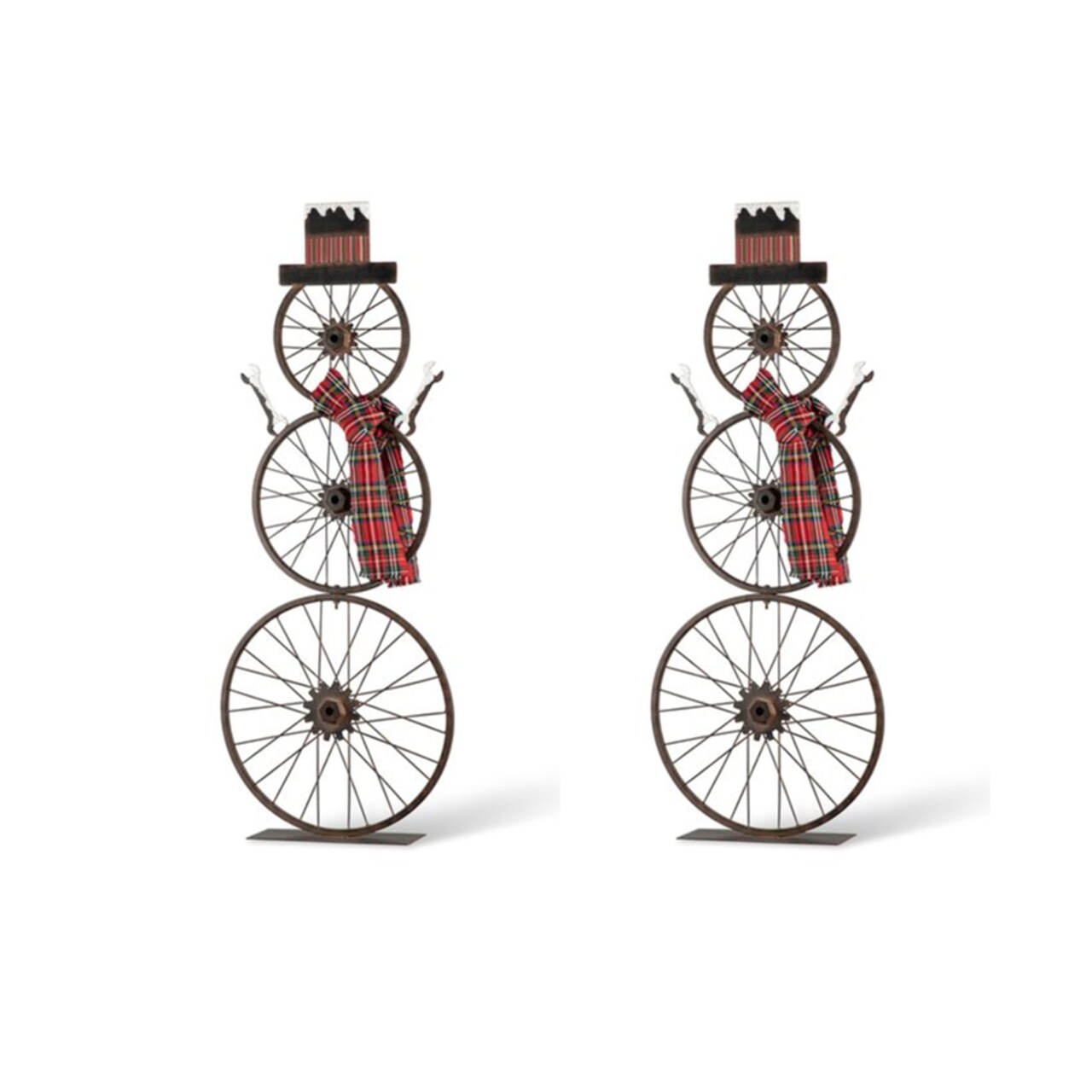 Set of 2 32'''H/34''H Christmas Metal Bike Wheel Snowman Porch Decor